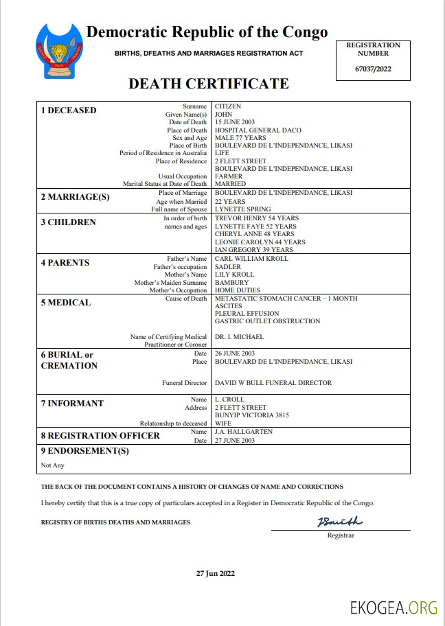 Certificat de décès de l'état civil de la République démocratique du Congo Modèle Word et PDF